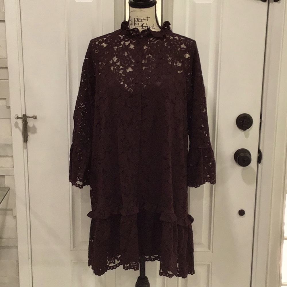 🆕 H&M Elegant Lace Dress in Rich Brown 3/4 Sleeves Button Down Medium Pit 20”